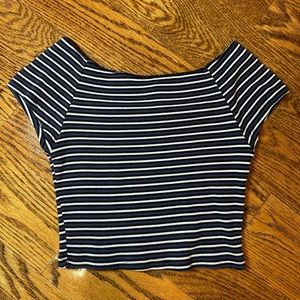 Brandy Melville dark blue/green/white striped off the shoulder crop top